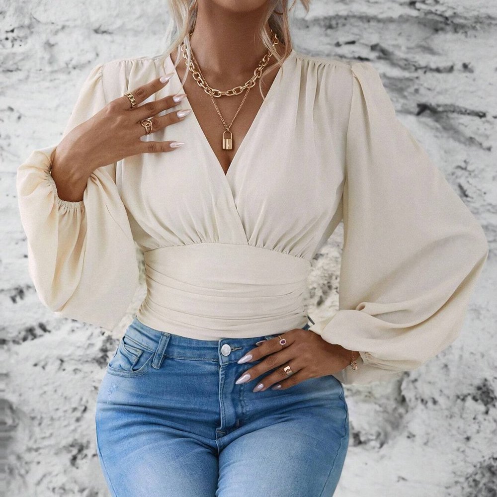 Classy Lantern Sleeve Ruched Blouse beige - Picture 3 of 5